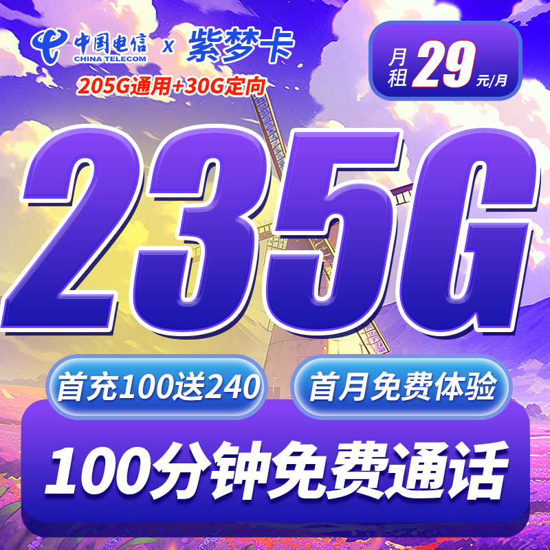 电信紫梦卡29元235G+100分钟套餐办理详情