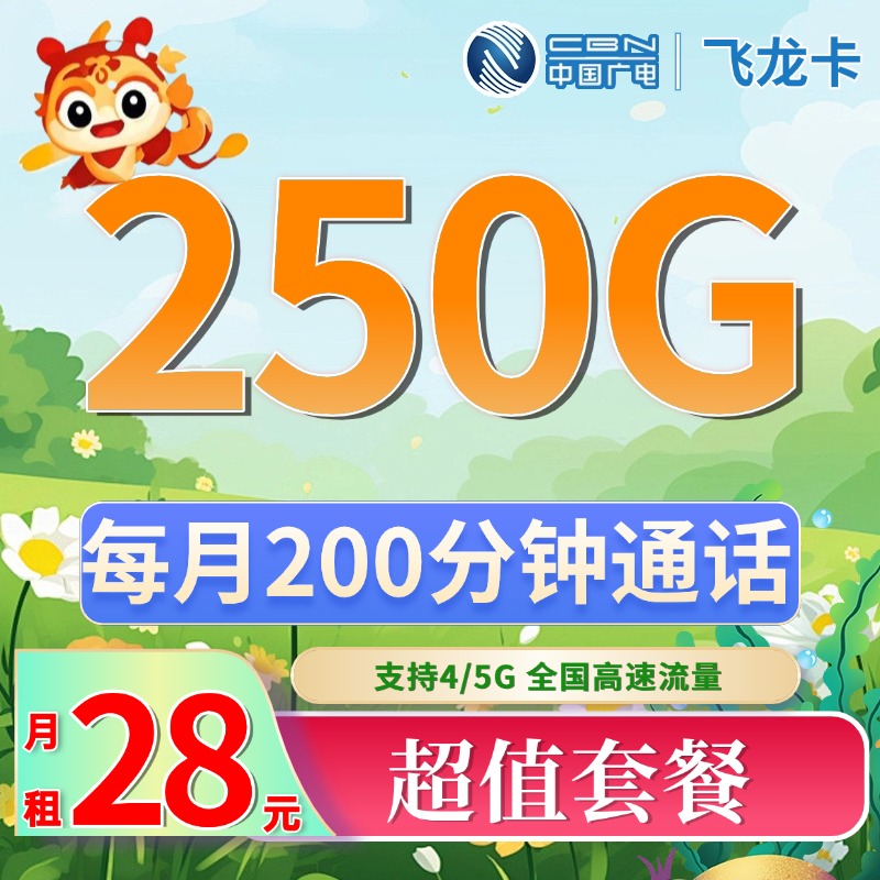 广电飞龙卡28元250G+200分钟流量套餐办理